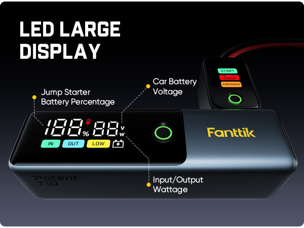 Fanttik Potent T10 1800A Portable Jump Starter, 12000mAh Jump Box for Car Battery for up to 7.0L Gas and 5.0L Diesel Engines, 12V Safe Lithium with Retractable Charging Cable, Power Bank & LED Display