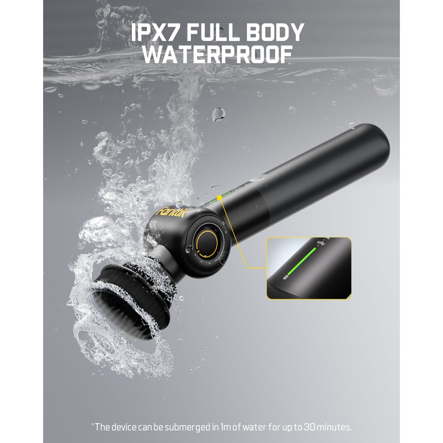 A black G9 Pro Electric Spin Scrubber with a round brush head, shown partially submerged in water with splash effects. White text at the top reads 'IPX7 FULL BODY WATERPROOF,' and a small inset near the right shows a close-up of the waterproof seal.