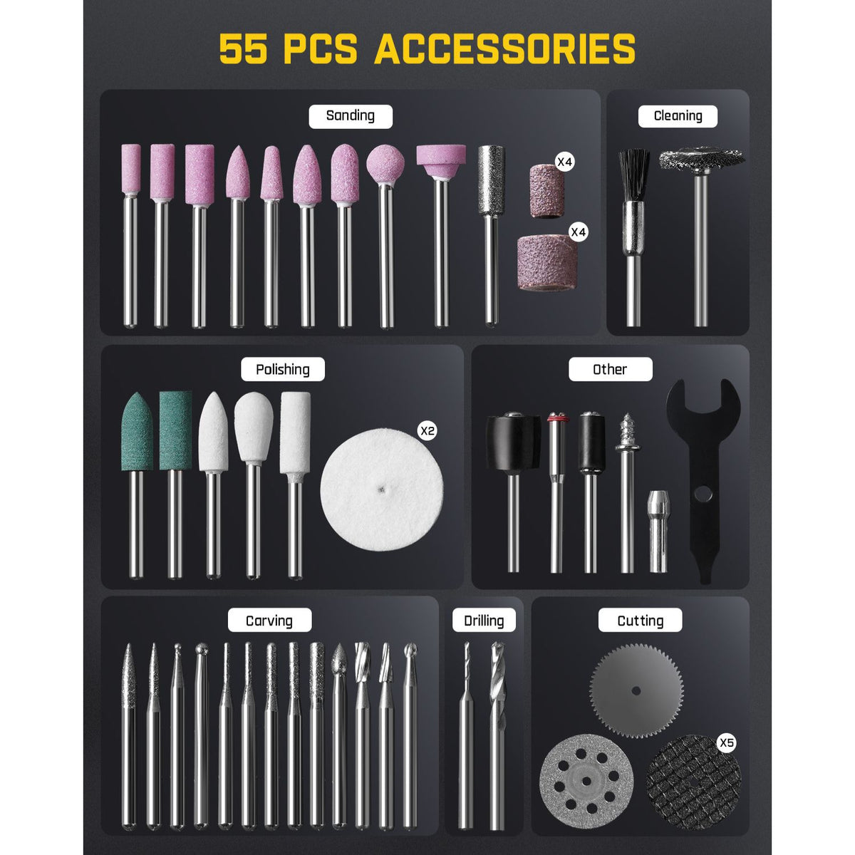 Set of 55 accessories for a tool on a black background with labels.