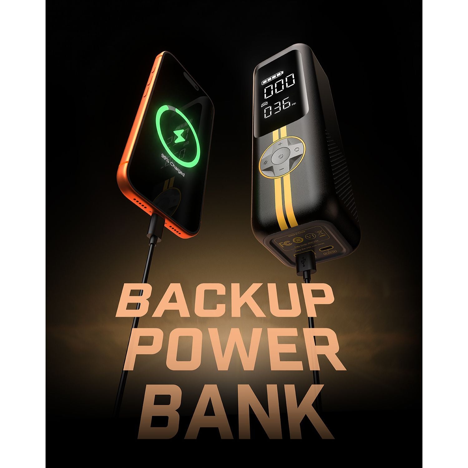 A fanttik portable backup power bank shown in two views against a dark background, with one view showing a glowing green battery icon and the other showing a digital display. Large text at the bottom reads 'BACKUP POWER BANK'.