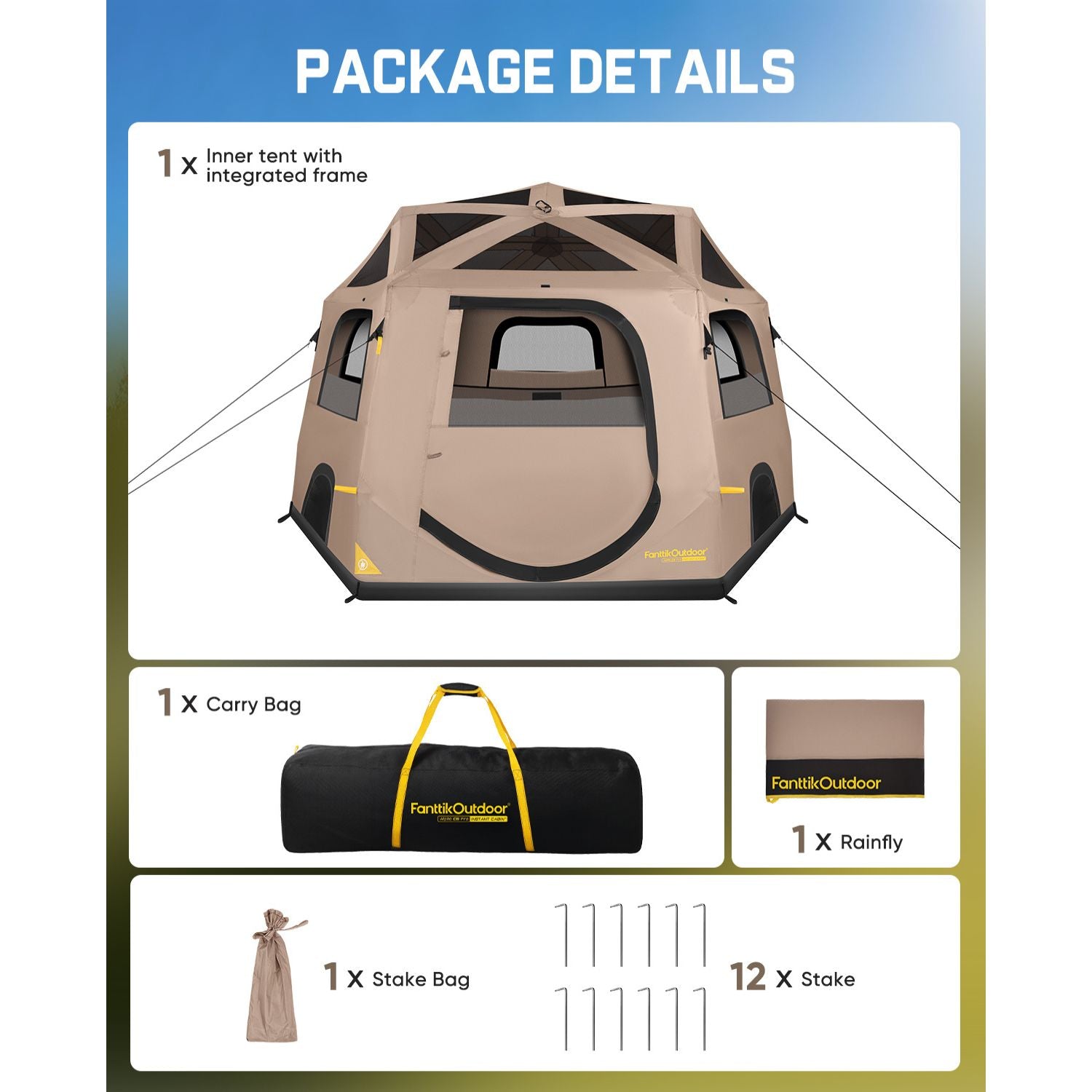 Package details infographic for a FanttikOutdoor camping tent, showing the assembled beige tent, a black carry bag with yellow handles, a rainfly swatch, a stake bag, and tent stakes on a blue and beige background.