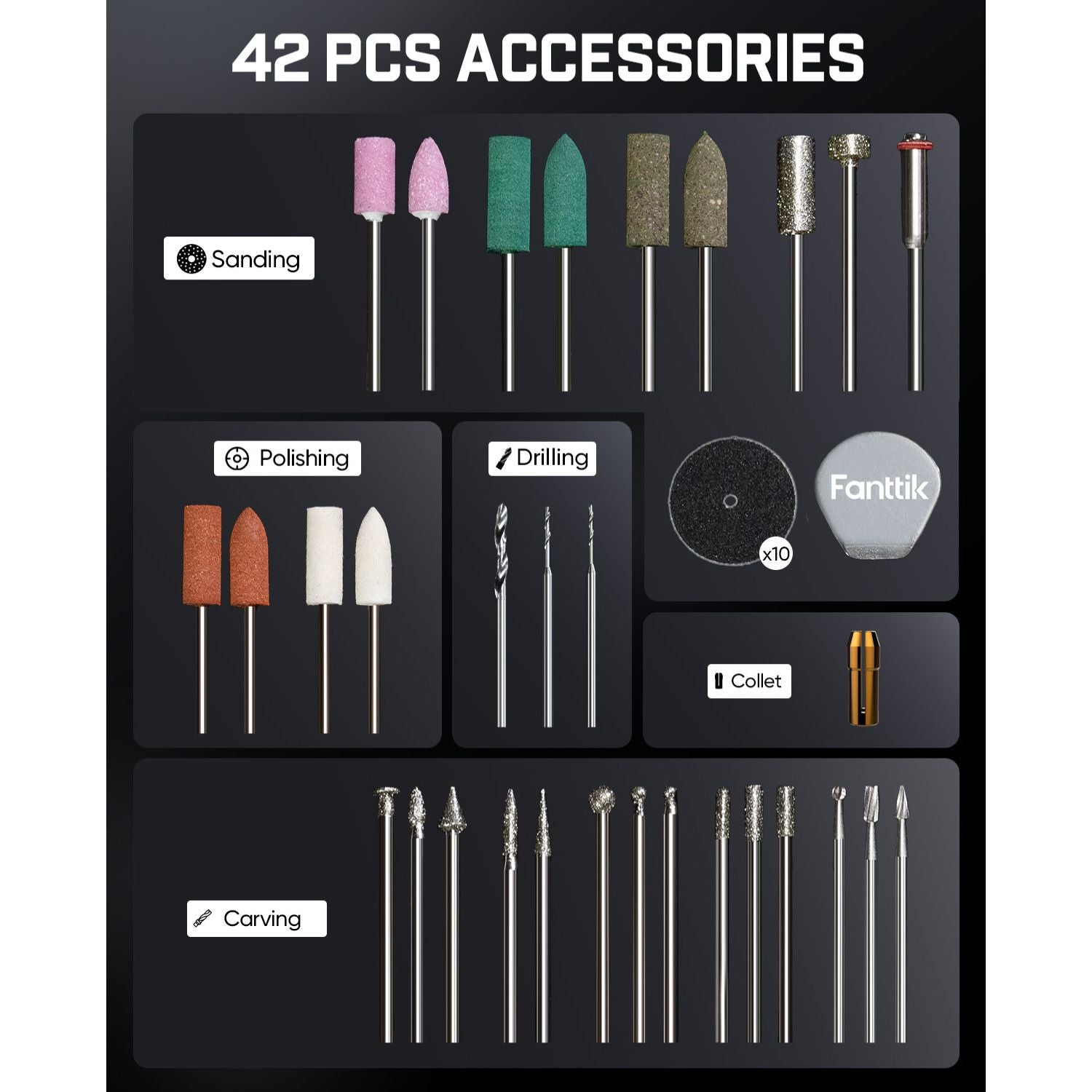 A 42-piece accessory set for a rotary tool, featuring various sanding, polishing, drilling, carving, and collet bits. The bits are organized in labeled sections on a black background with the brand name 'Fanttik' visible on one of the pieces.