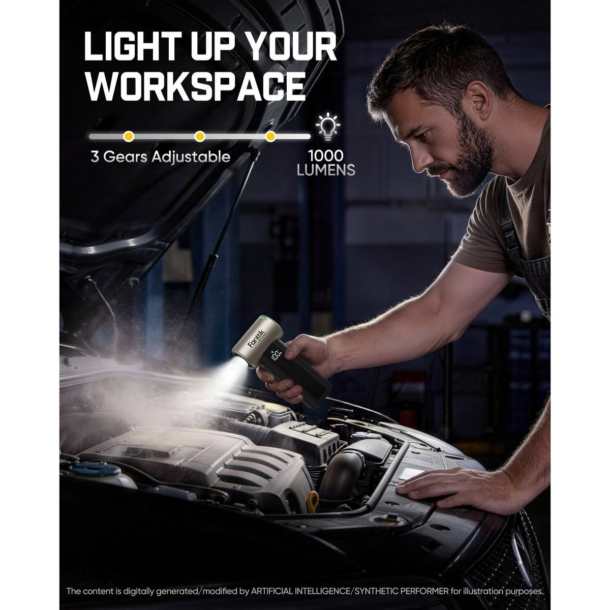 A man leans over an open car hood, using a Electric Air Duster to blow the engine bay. Large marketing text at the top reads 'LIGHT UP YOUR WORKSPACE' with feature callouts including '3 Gears Adjustable' and '1000 LUMENS'.