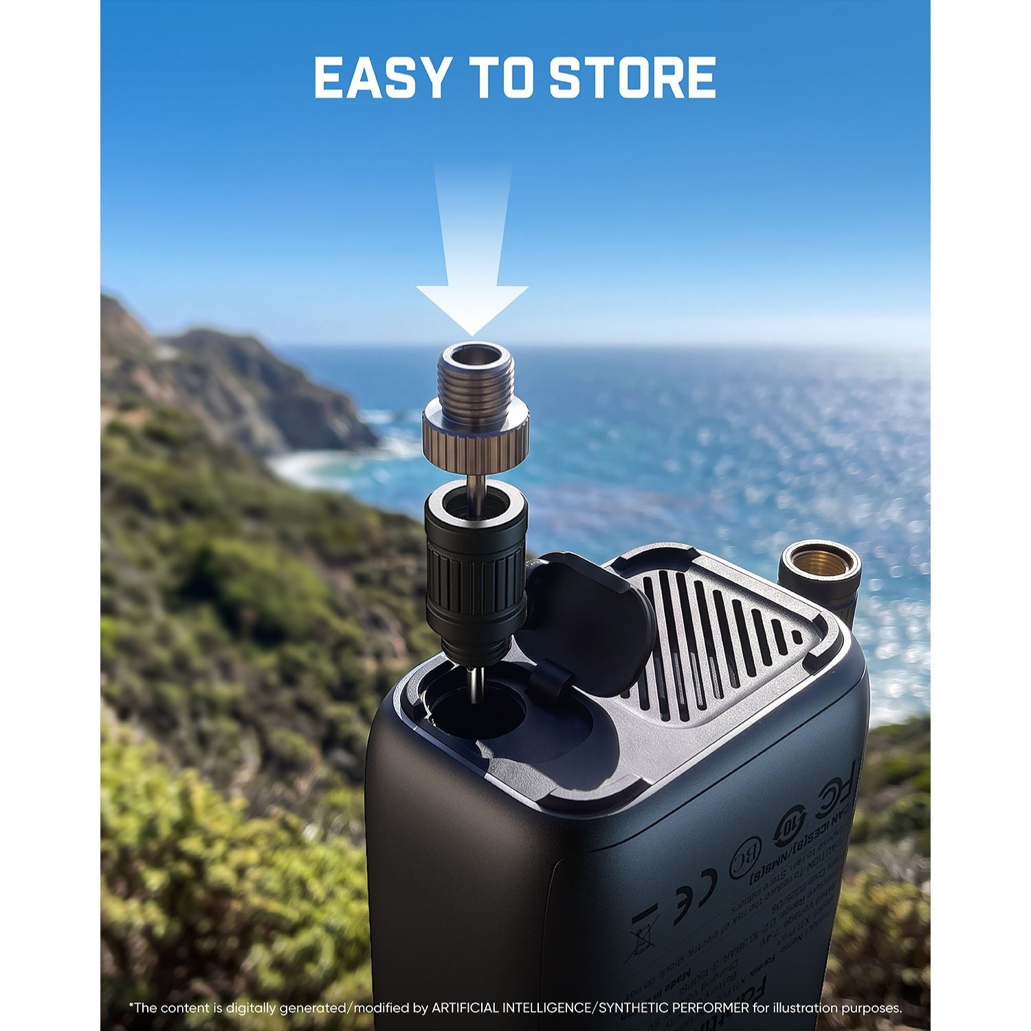 A close-up of a black portable tire inflator with a metal connector removed and pointed upward by a white arrow, with the text 'EASY TO STORE' above. The background shows an outdoor coastal landscape with cliffs and blue ocean.
