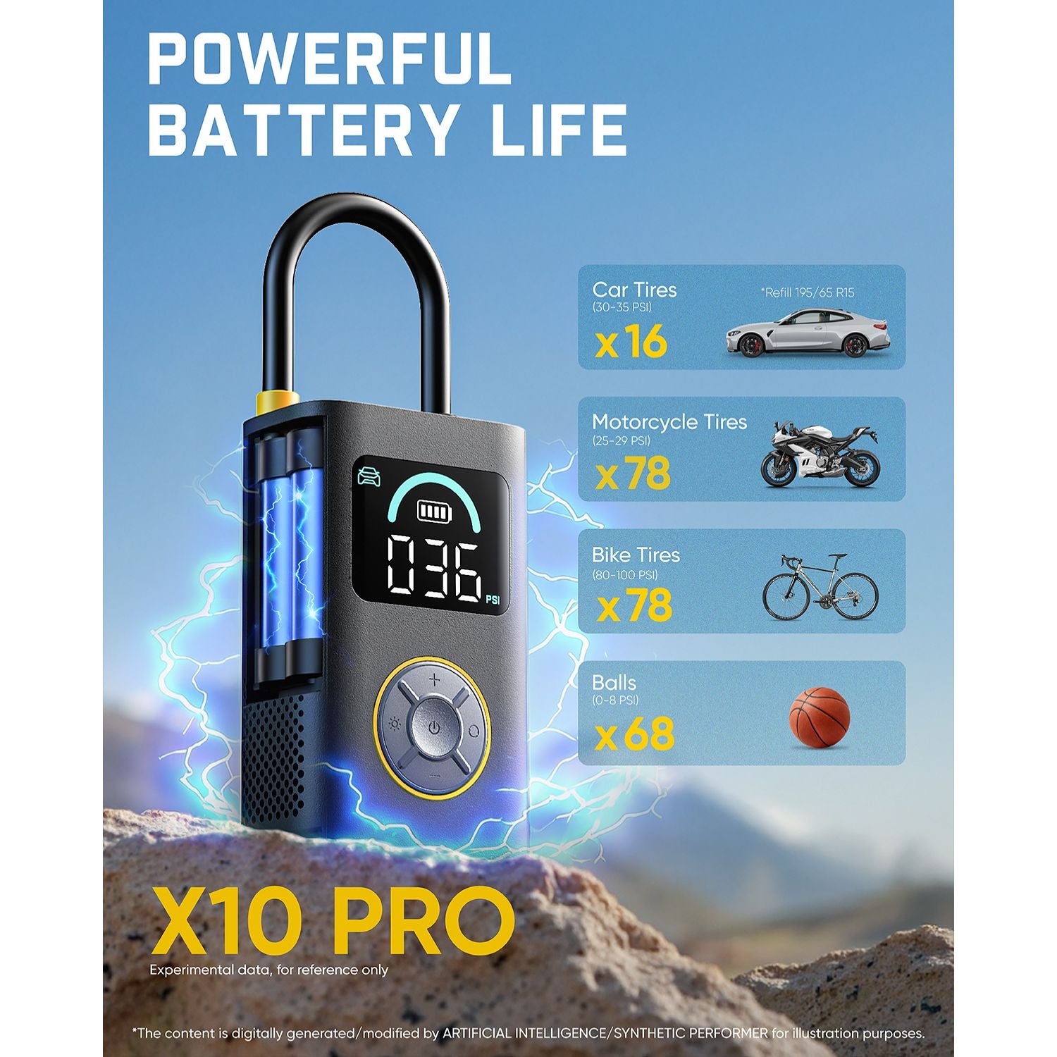 A promotional graphic for a portable battery power bank labeled 'POWERFUL BATTERY LIFE' and 'Fanttik X10 Pro Tire Inflator '. The device is shown upright with a black body, yellow trim, a digital display reading 036, and a curved black handle.