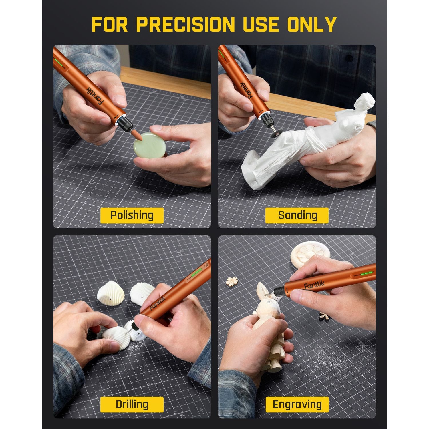 Set of Fanttik F2 Master Cordless Rotary Tool for polishing, sanding, drilling, and engraving on a grid layout with text 'FOR PRECISION USE ONLY'.