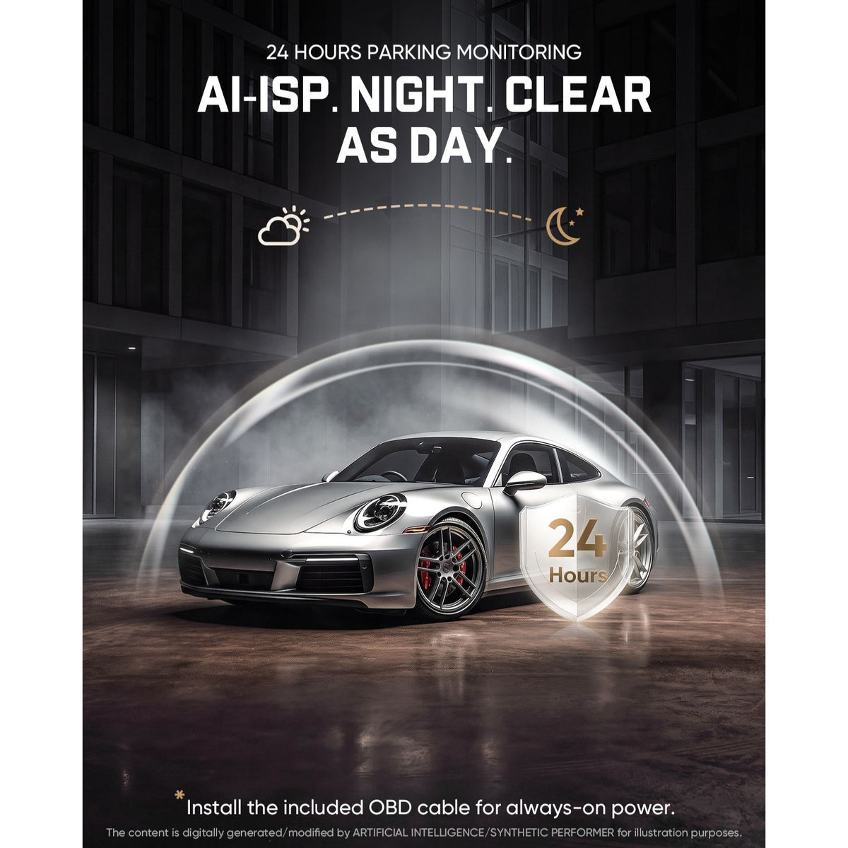 The text at the top of the image reads: AI-ISP 24H Parking Monitoring. In the middle, a Tesla Model Y is encased in a protective shield against a bright and clean light-colored commercial building background. Above the car, there is a gradient icon that changes from day to night. Below is a note: *Install the included OBD cable for always-on power.