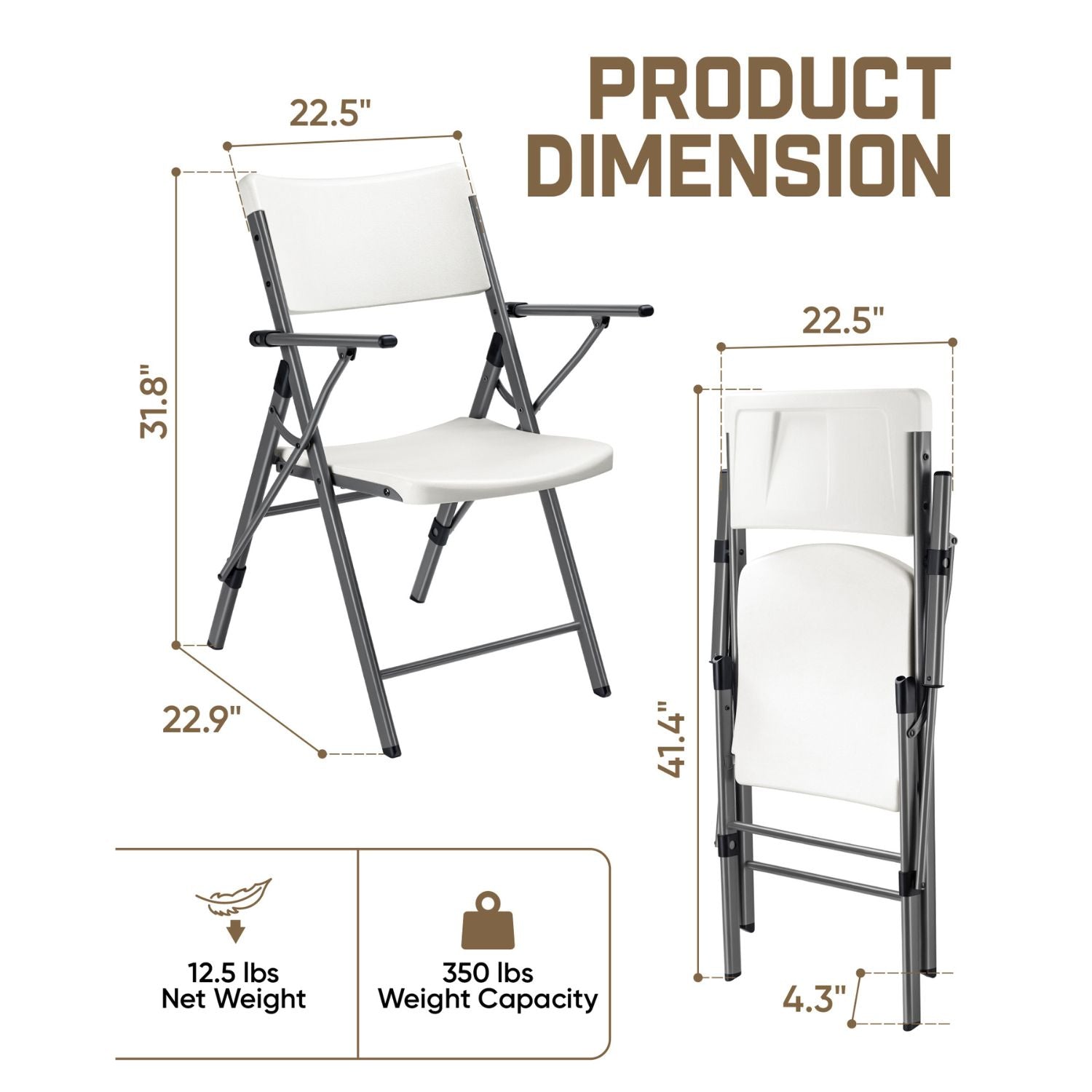 FanttikOutdoor Portable Plastic Folding Chair, Armrest, Indoor Outdoor Heavy Duty Office Seat with Steel Frame, 350 lbs Capacity for Home, Party, Wedding, Garden, Stadium, 2-Pack, White Zeta H8 Ultra