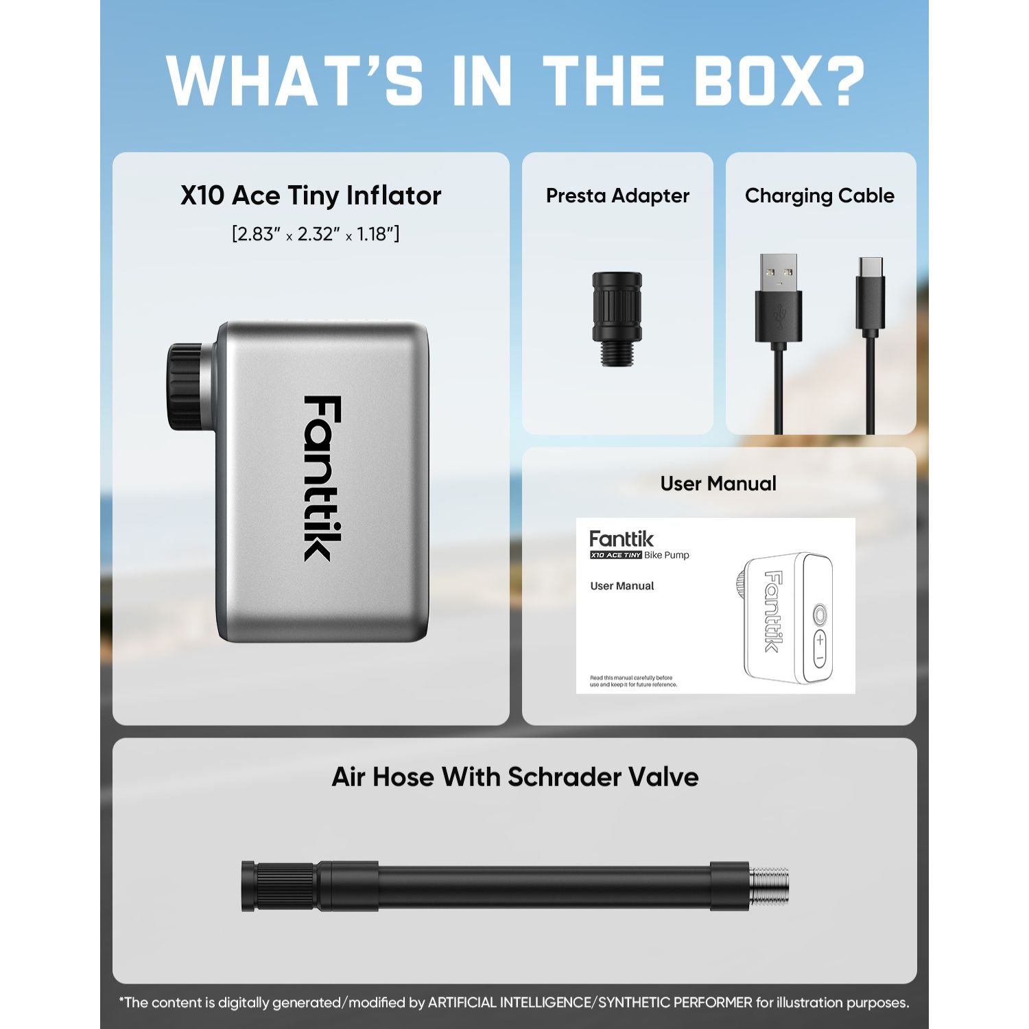 Box contents infographic for the Fanttik X10 Ace Tiny Inflator, showing the silver and black mini pump, Presta adapter, charging cable, user manual, and air hose with Schrader valve on a light blue and gray layout.