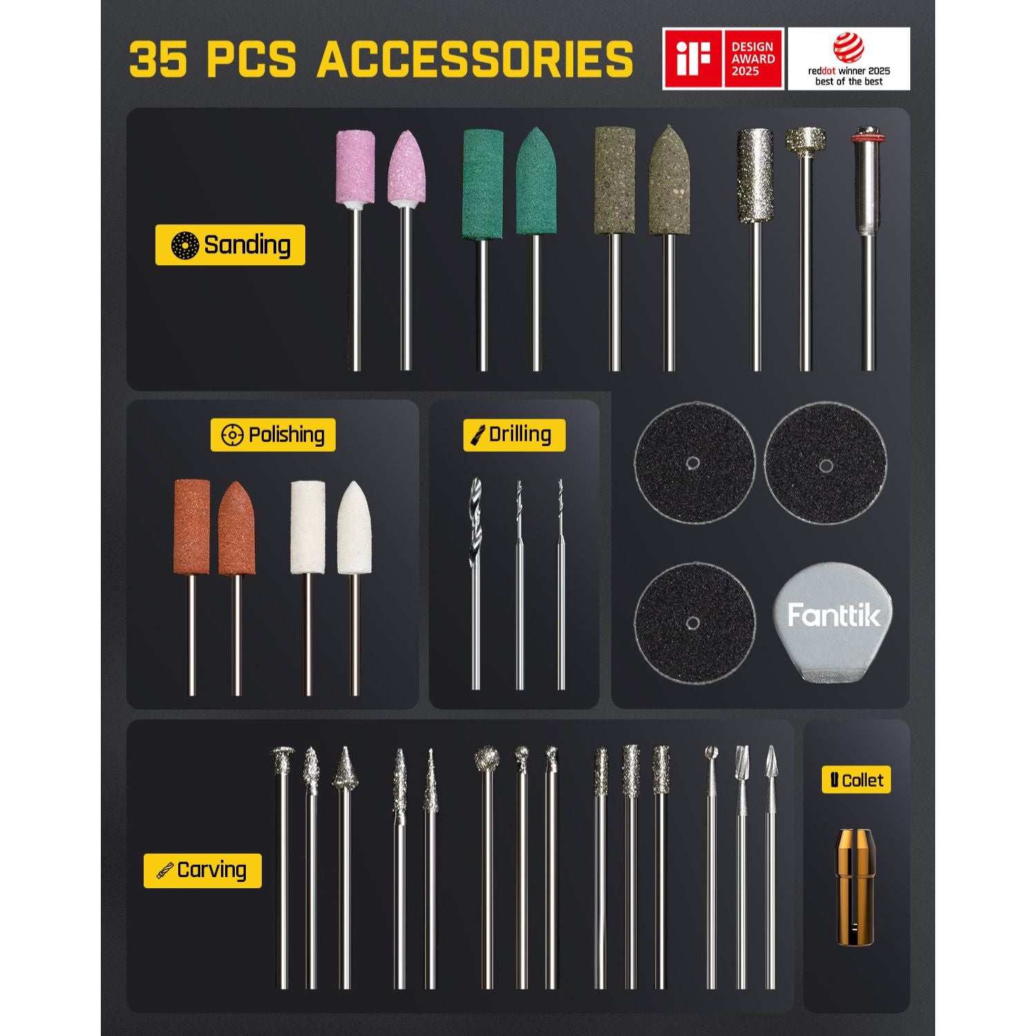 Set of 35 accessories for a Fanttik F2 Master Mini Cordless Rotary Tool Kit 4V -Blue, including sanding, polishing, drilling, and carving tools, with 'Fantik' branding.