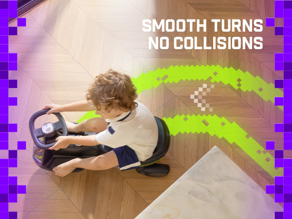 A child sitting on a small black ride-on toy car on a wood herringbone floor, with the text 'SMOOTH TURNS NO COLLISIONS' and bright green pixel-style motion graphics overlaid. Purple pixelated side borders frame the image.