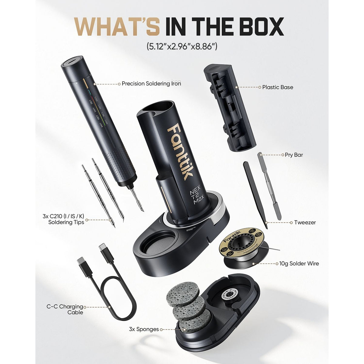 The package list for the T2 Max soldering iron is shown, including the T2 Max soldering iron, 3 x C210 Soldering Tips, C-C Charging Cable, 3 x Sponges, Tweezer, Pry Bar, and 10g solder wire.