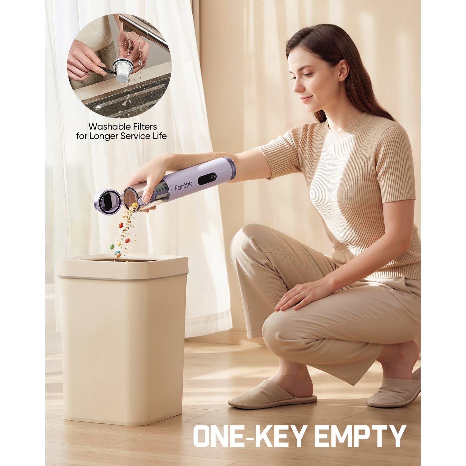 Woman using a Fanttik Slim V10 Ultra Cordless Car Vacuum to empty a trash can with text about washable filters and one-key empty feature.