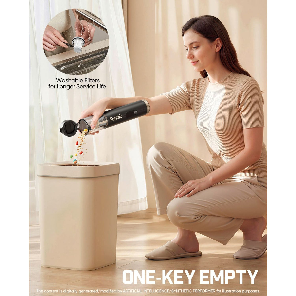 Woman using a car vacuum to empty a trash can with text about washable filters and one-key empty feature.