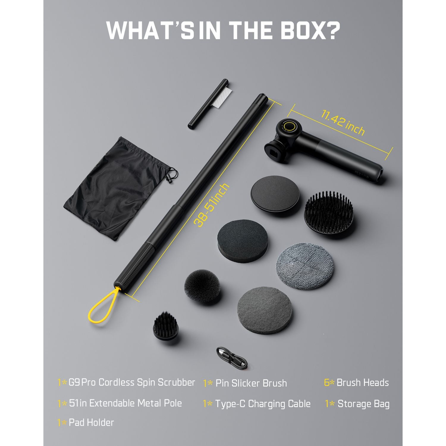 Open-box view of a cordless spin scrubber set with a black extendable pole, charging cable, multiple brush heads, circular pads, a storage bag, and accessories arranged on a light gray background with text reading 'WHAT'S IN THE BOX?' and item labels.