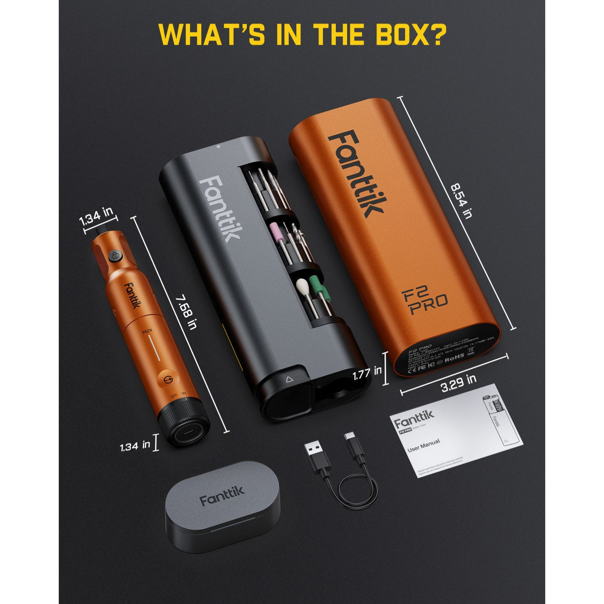 Box contents layout for a Fanttik vape product on a dark background, including an orange vape device, a black vape with battery compartment, a smaller orange vape piece, a USB cable, a manual, and a round black case. Text at the top reads 'WHAT'S IN THE BOX?'.
