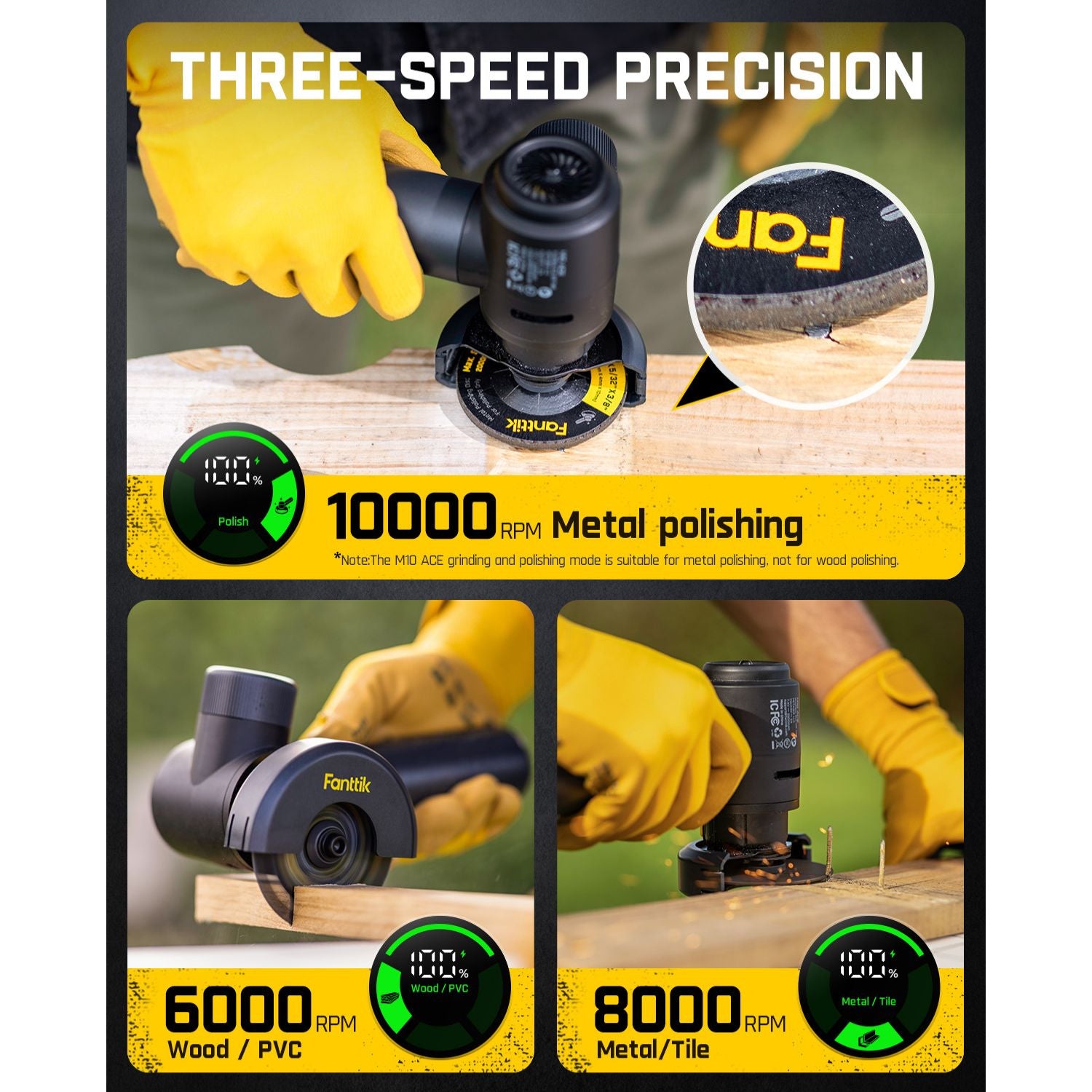 Fanttik M10 ACE Cordless Angle Grinder Brushless, 3 Inch Compact Cut Off Tool with LED Display, 3 Variable Modes, Double Security, Type-C Fast Charging, 10000RPM Mini Cutter with 4 Blades