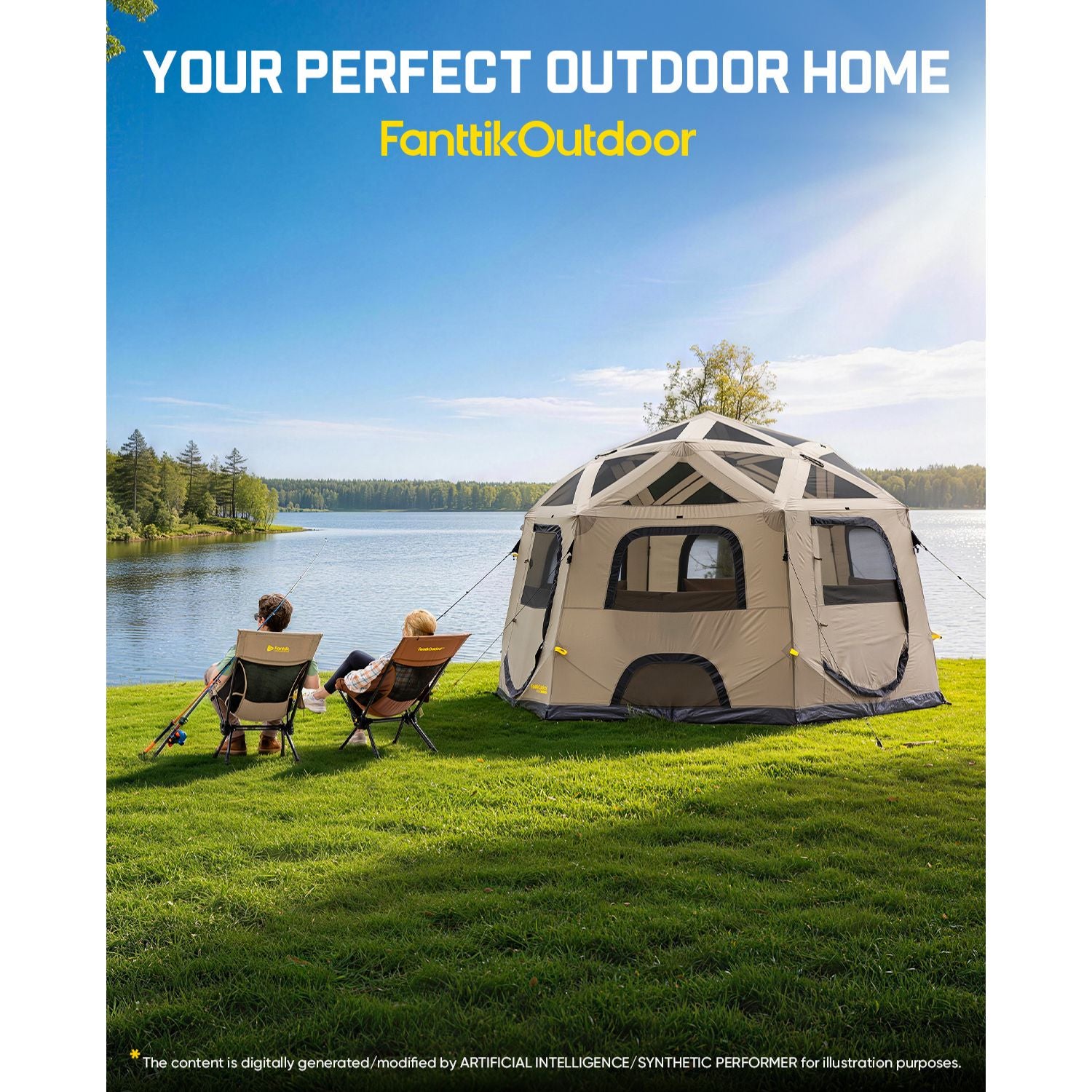 A large beige and black geodesic-style outdoor tent is pitched on a grassy lakeside lawn, with two people sitting in folding chairs beside it. Trees, water, and blue sky are visible in the background.