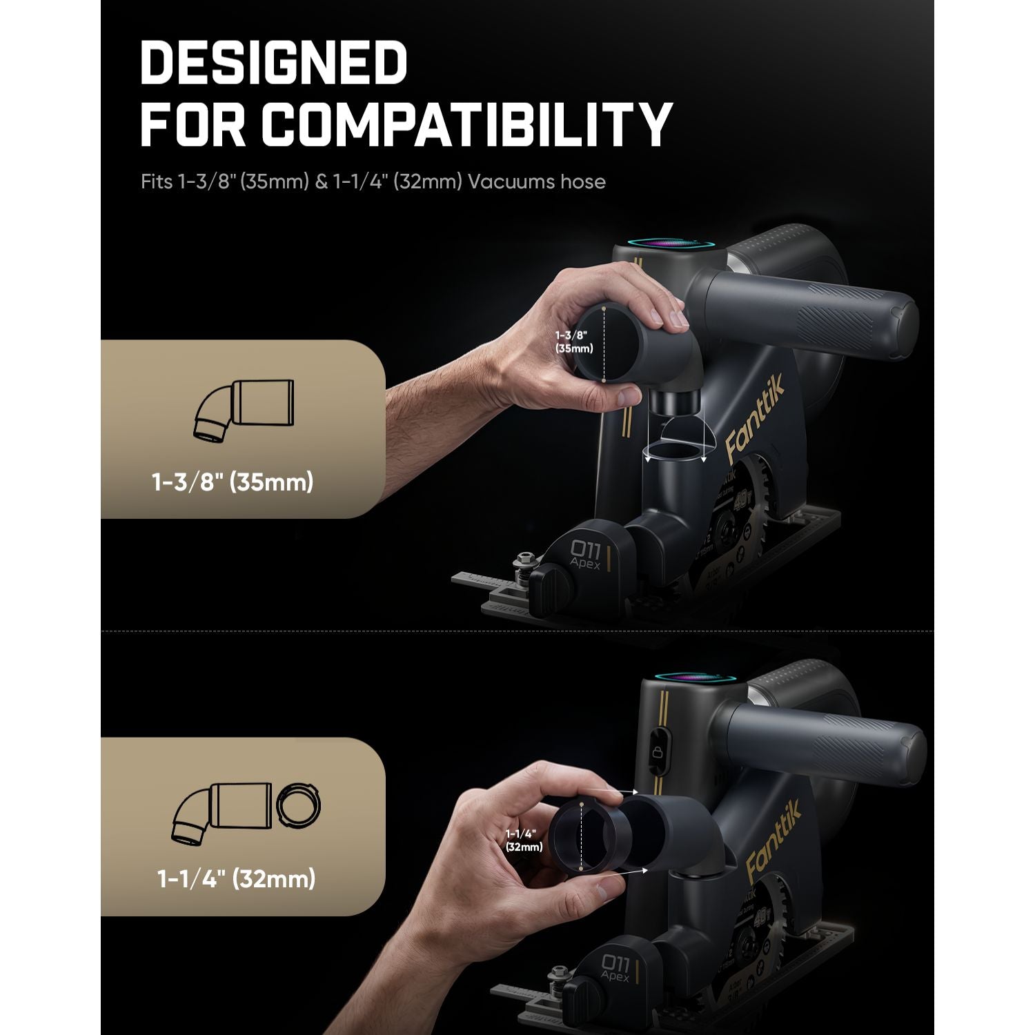A compatibility diagram for a Fanttik Cordless Circular Saw guide shoe, showing a hand adjusting the shoe on a circular saw in two scenarios: a 1-3/8" (35mm) vacuum hose and a 1-1/4" (32mm) vacuum hose. 