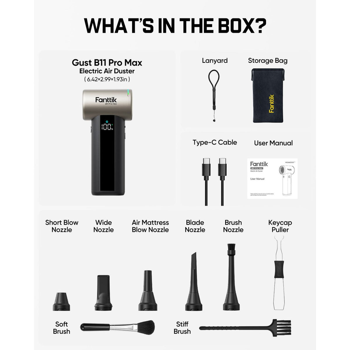 Box contents infographic for the Fanttik Gust B11 Pro Max Electric Air Duster, showing the handheld duster, lanyard, storage bag, type-C cable, user manual, brush, keycap puller, and multiple nozzle attachments on a light gray background with black text.