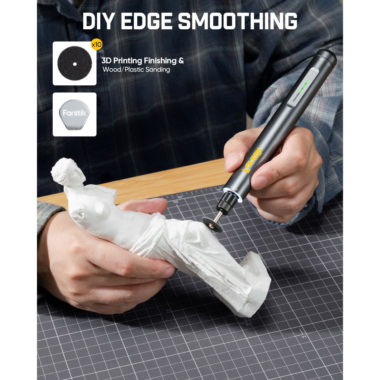 A person using a fanttik rotary tool with an edge-smoothing attachment to refine a white 3D-printed model on a gray gridded cutting mat. The image includes text overlays reading 'DIY EDGE SMOOTHING' and '3D Printing Finishing & Wood / Plastic Sensing' with a Forntik logo.