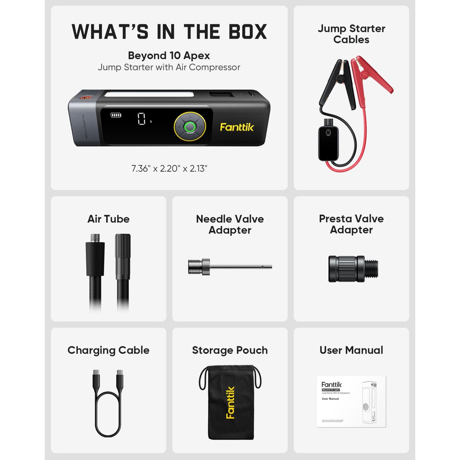 A product box contents infographic for the Fanttik Beyond 10 Apex jump starter with air compressor shows the main pump unit, jump starter cables, air tube, needle valve adapter, presta valve adapter, charging cable, storage pouch, and user manual on a light gray grid background with black text labels.