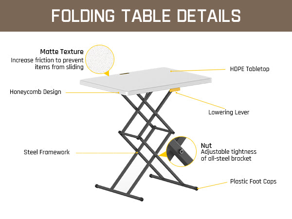 FanttikOutdoor 28 inch Small Folding Table, One-Handed Height Adjustment, 3 Heights, Lowering Lever, Instalift, Portable Side Table for Tv Tray, Desk, Kitchen, No Assembly, Granite White Zeta X1 Apex