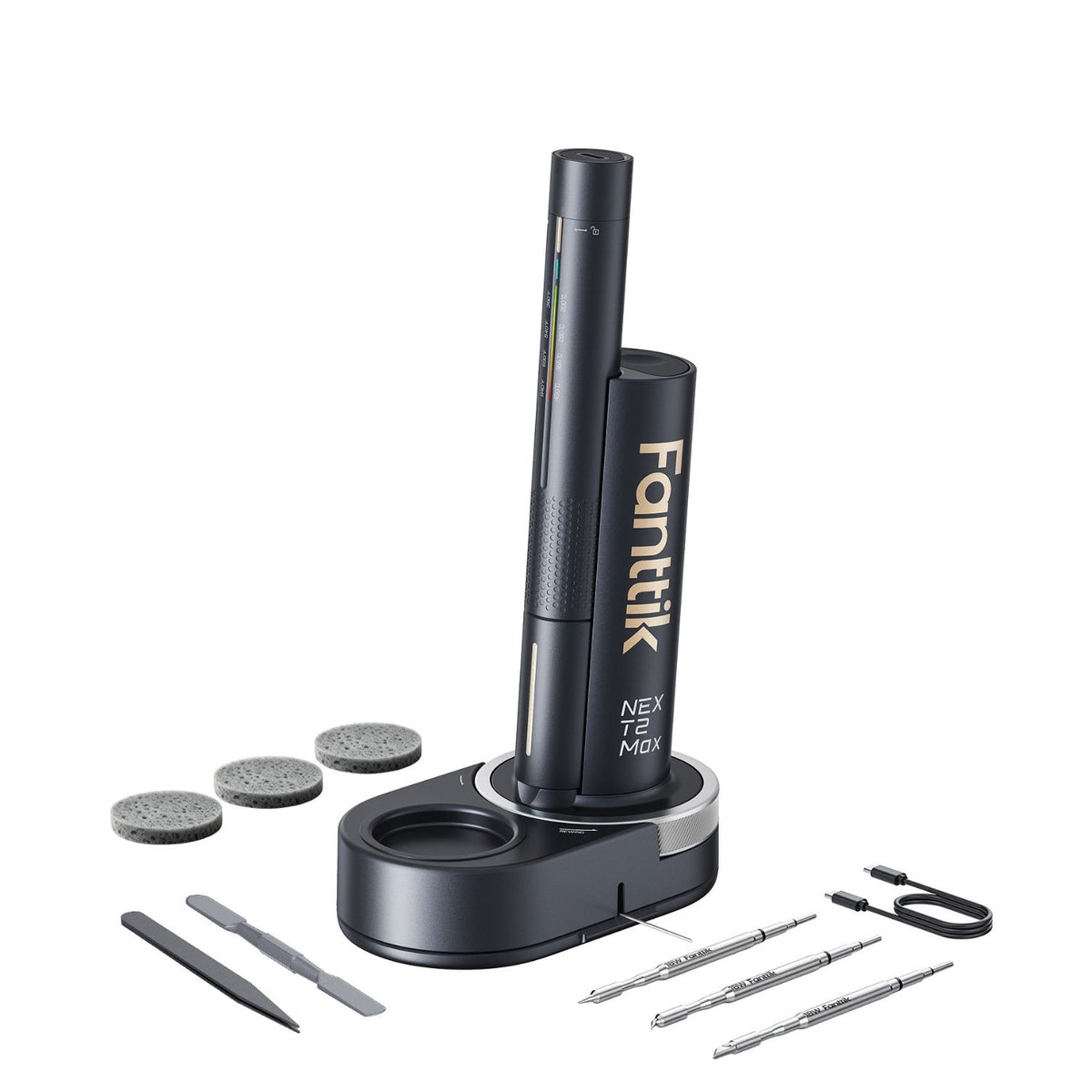 Fanttik NEX Soldering Iron Kit with its charging dock and multiple accessory bits, shown on a clean white background.