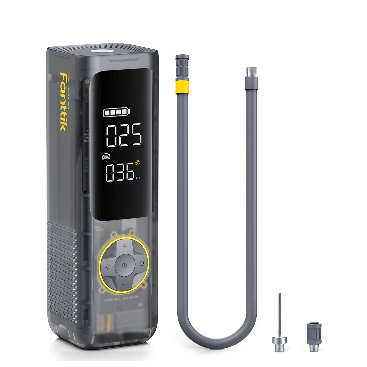 A Fanttik X8 APEX® Tire Inflator with a digital display screen and a flexible gray hose, shown alongside two small accessory screws on a clean white background. The brand name 'Fanttik' is visible on the side of the device.