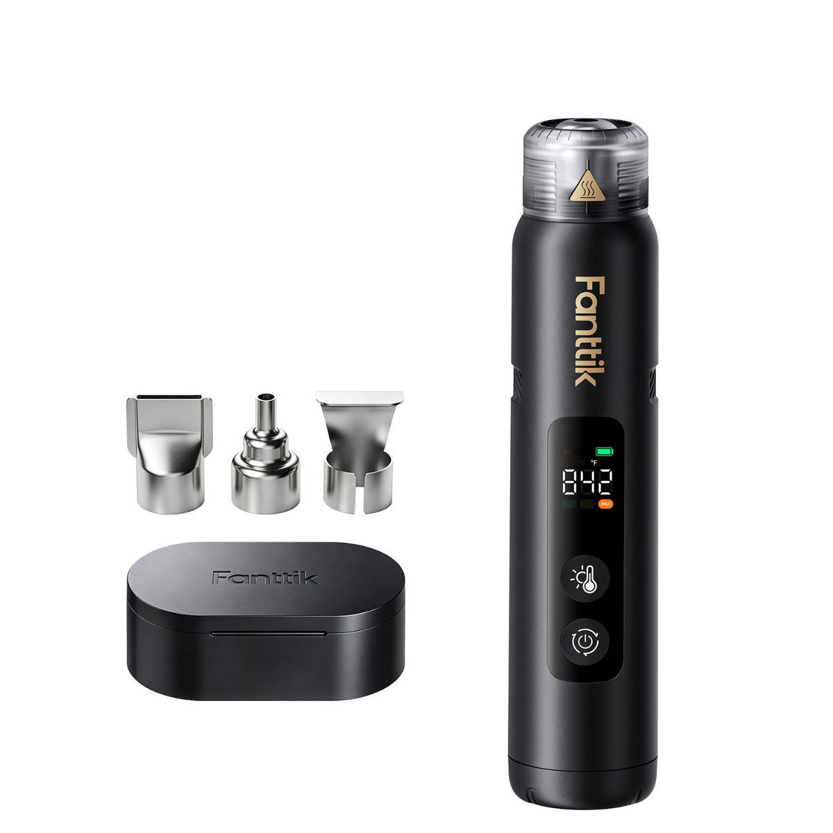 A black Fanttik H3 Master Cordless Mini Heat Gun with a digital display, shown alongside three stainless steel attachment heads and a matching black charging case on a white background.