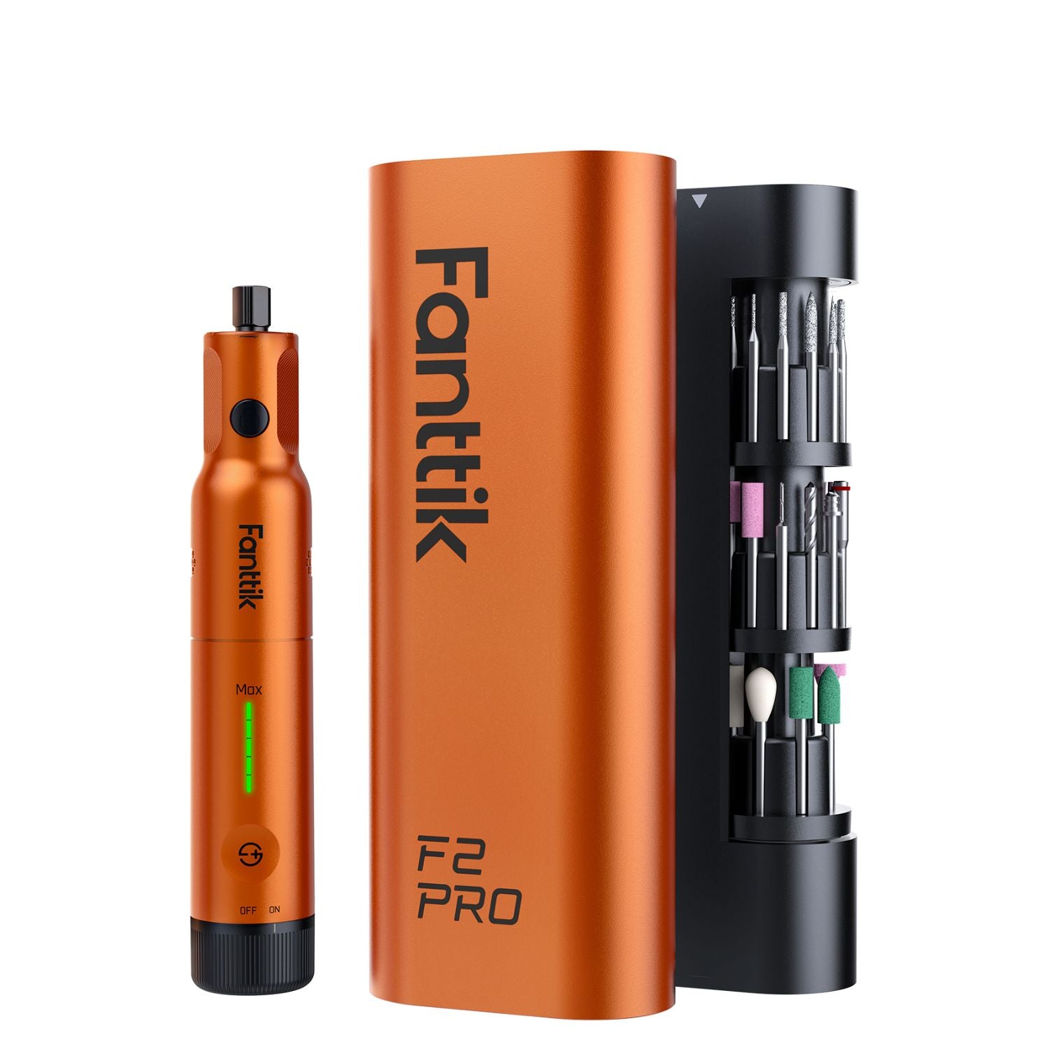 A Fanttik F2 Pro rotary tool set shown on a clean white background, including the orange cylindrical driver body, a separate orange battery or driver unit, and a black holder containing multiple screwdriver bits.