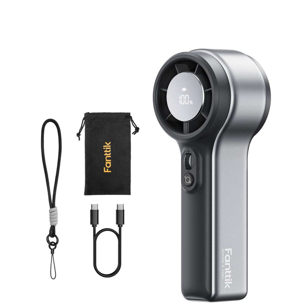 Fanttik GoFlow 11 Apex handheld fan with lanyard, carrying pouch, and USB-C cable