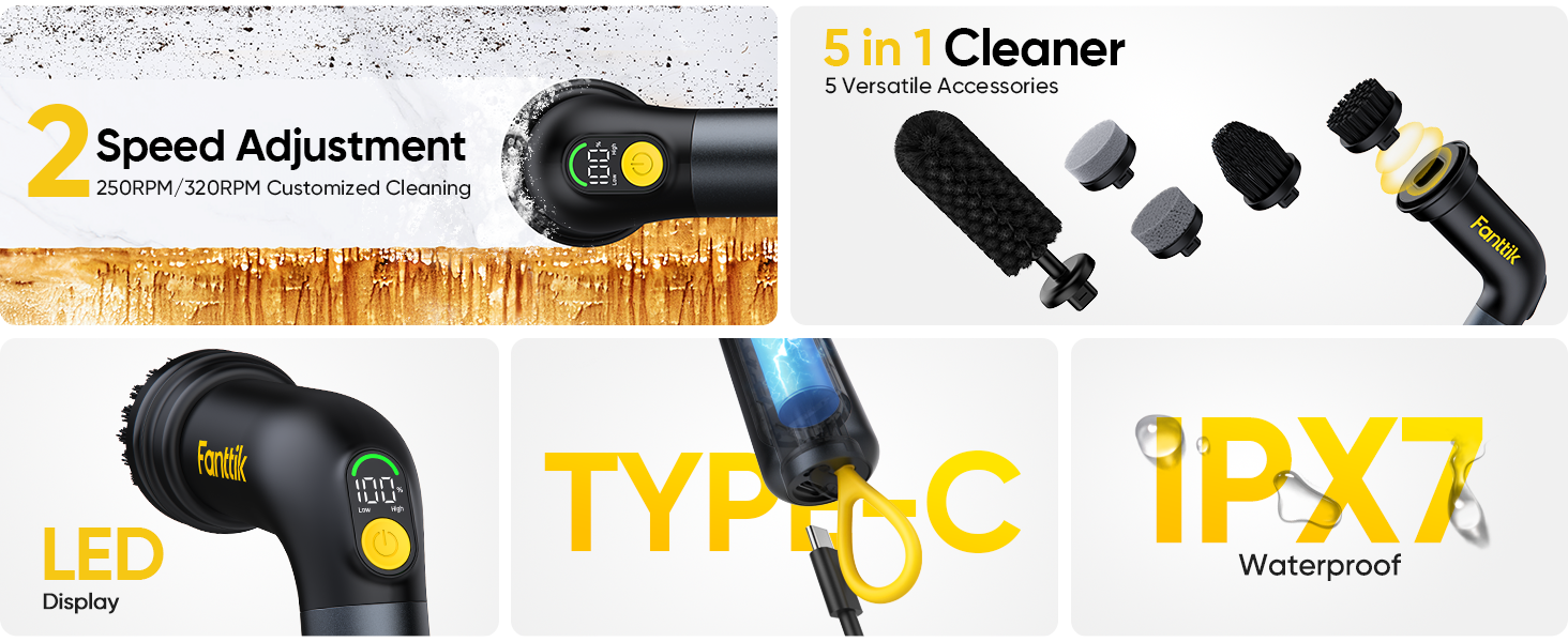 Fanttik G9 Handy Cordless MagnaStorm Electric Spin Scrubber, Dual-Speed Control with 5 Brush Heads, LED Display, IPX7 Waterproof, 2500mAh Battery with Type-C Charging, for Kitchen, Sink, Tile, Stove