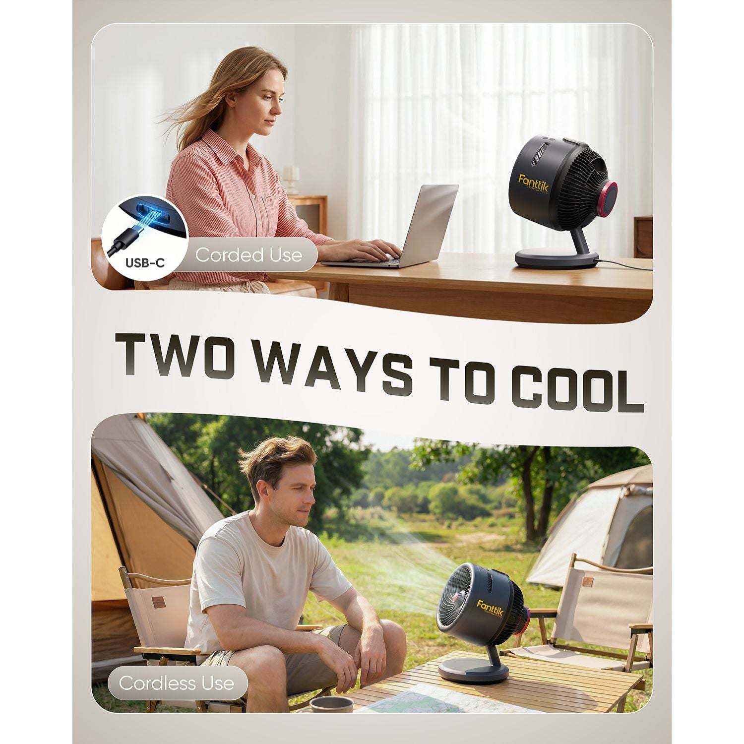 Person using a laptop with a Fanttik MistFlow 11 Pro Cordless Misting Fan on a desk, followed by a person sitting outdoors with a different fan, with text 'Two Ways to Cool' and 'Corded Use' and 'Cordless Use'.
