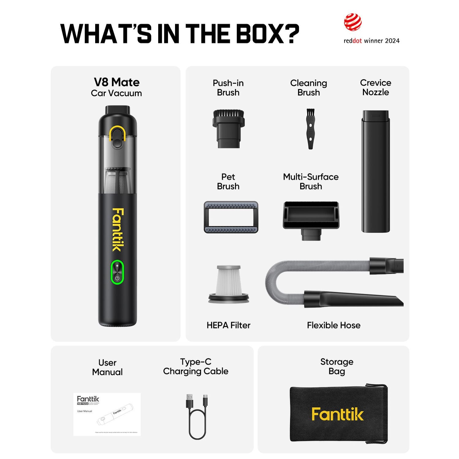 Fanttik V8 Mate Upgraded Cordless Car Vacuum-Black