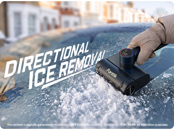 A woman is using a Fantik Polar G10 Max Ice Scraper to defrost her car's windshield.