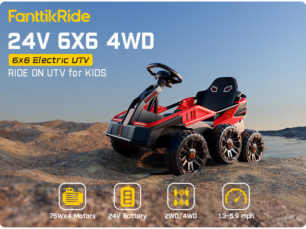 FanttikRide 24V Ride on Toys for Big Kids, 6 Eva Wheels UTV, 4x75W 5.9MPH Powerful Electric Car, 4WD/2WD Switch, Parent Remote, 4 Shock Absorbers, Ideal Gift for Kids Ages 3+