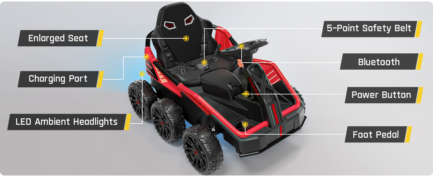 FanttikRide 24V Ride on Toys for Big Kids, 6 Eva Wheels UTV, 4x75W 5.9MPH Powerful Electric Car, 4WD/2WD Switch, Parent Remote, 4 Shock Absorbers, Ideal Gift for Kids Ages 3+