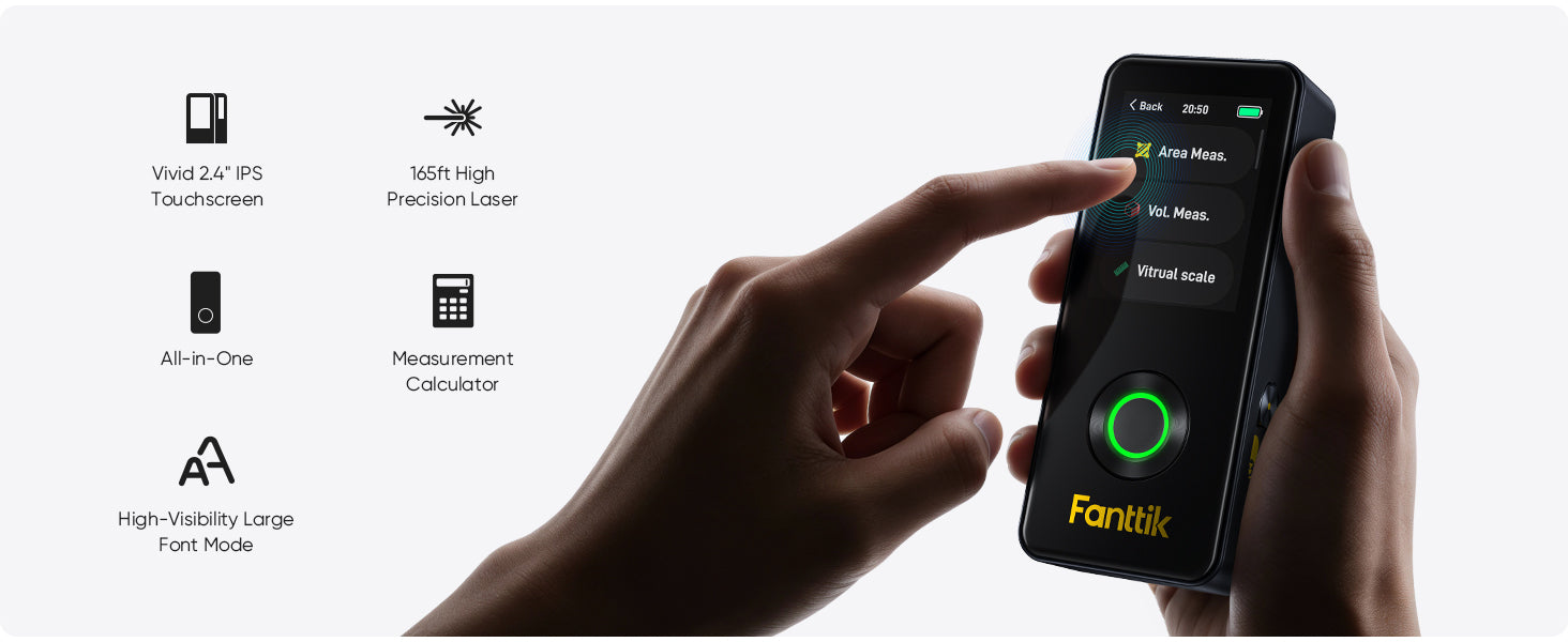 Hand holding a Fanttik Neo A11 Pro Laser Measuring Tool with features listed on the left, brand 'Fanttik' visible