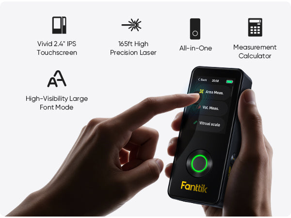 Hand holding a Fanttik Neo A11 Pro Laser Measuring Tool with features listed on the left, including touchscreen, laser, and measurement calculator.