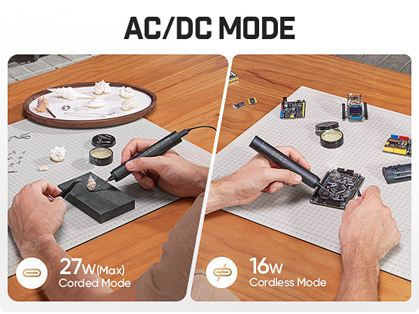 The image is divided into two parts, showing a man soldering electronic components using the Fanttik T2 Max Cordless Soldering Iron Kit in both 27W and 16W modes.