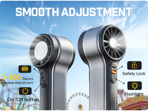 Two GoFlow 11 Apex Handheld Fan with features highlighted on a blue background