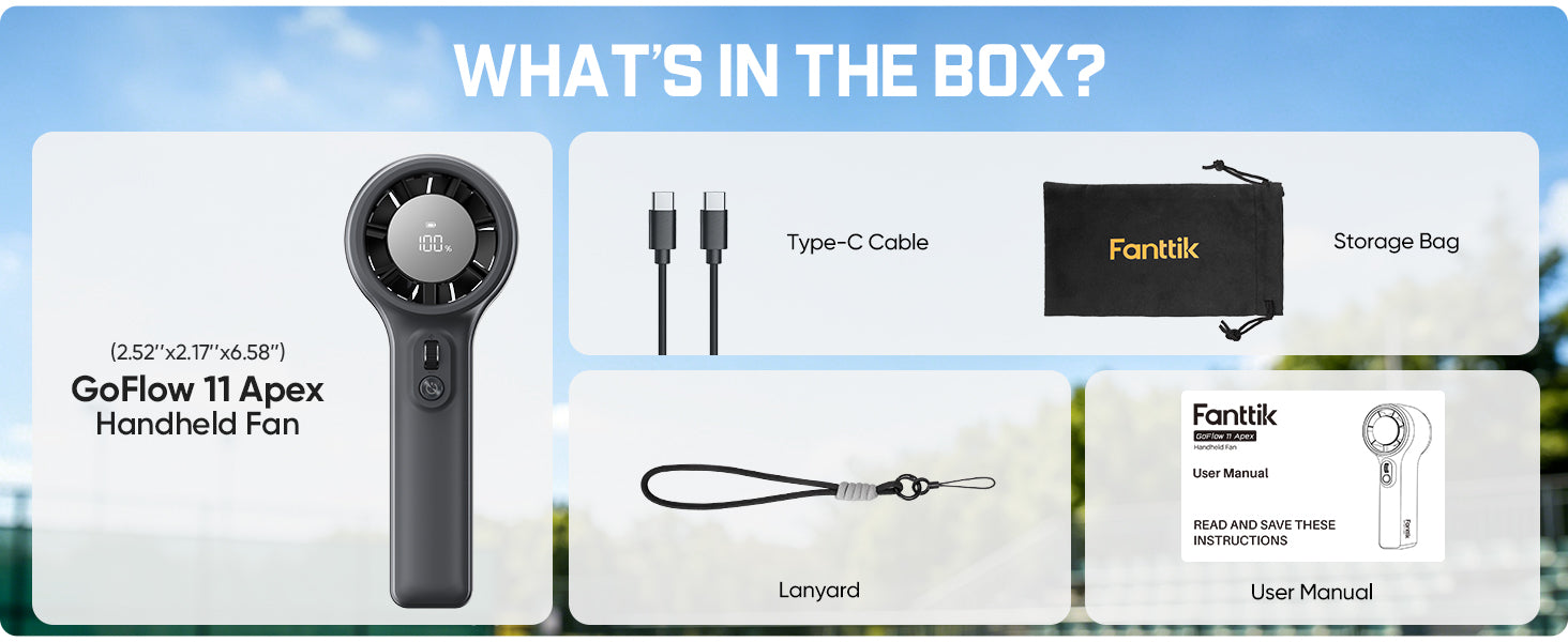 Product packaging with GoFlow 11 Apex Handheld Fan, Type-C cable, storage bag, lanyard, and user manual.
