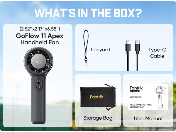 Product packaging with GoFlow 11 Apex Handheld Fan, lanyard, Type-C cable, storage bag, and user manual.