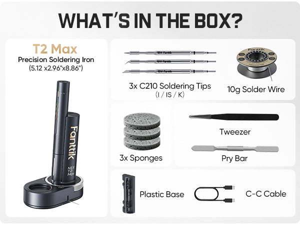 The package list for the T2 Max soldering iron is shown, including the T2 Max soldering iron, 3 x C210 Soldering Tips, C-C Charging Cable, 3 x Sponges, Tweezer, Pry Bar, and 10g solder wire.