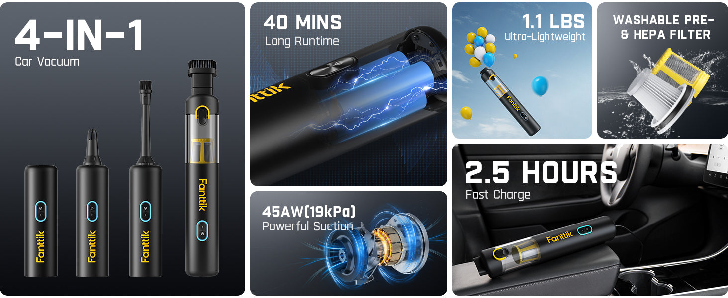 Fanttik Slim V8 Apex Car Vacuum - 4-in-1 Multifunctional Mini Vacuum