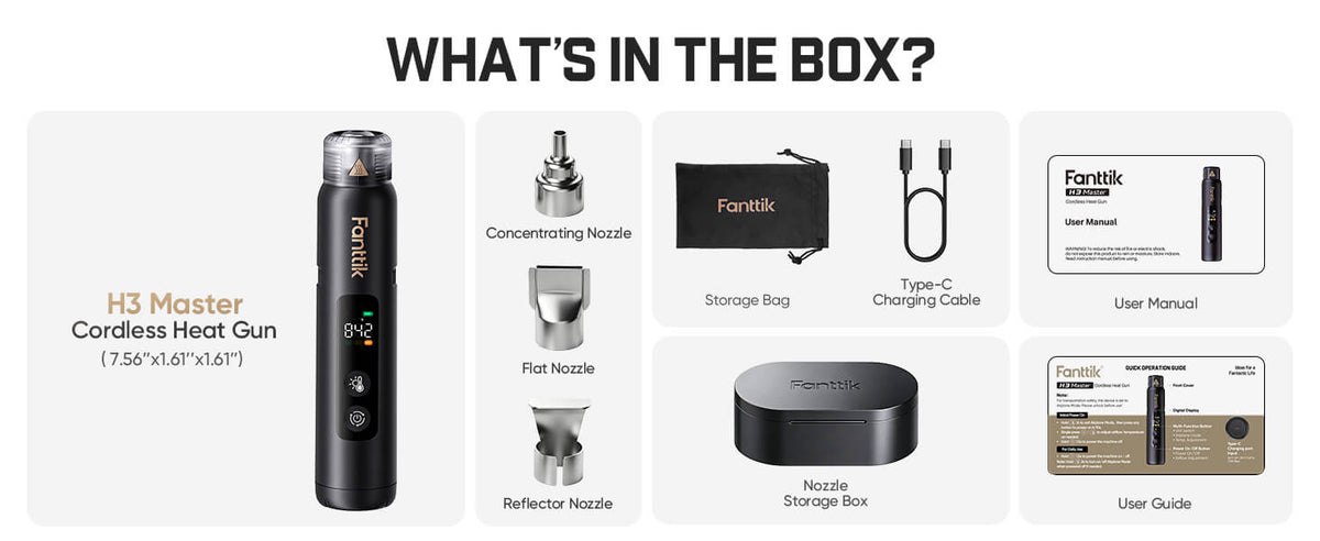 Box contents overview for the Fanttik H3 Master cordless heat gun , showing the black heat gun, concentrator nozzle, flat nozzle, reflector nozzle, storage bag, charging cable, storage box, user manual, and guide booklet on a light gray background with the headline 'WHAT'S IN THE BOX?'.