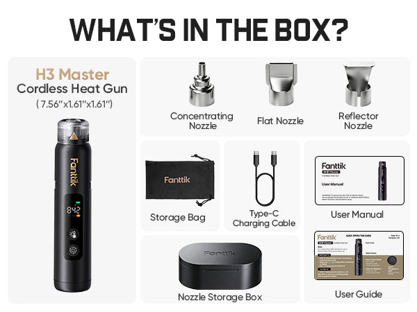 Box contents infographic for the Fanttik H3 Master cordless heat gun , showing the included accessories and manuals on a light gray background.