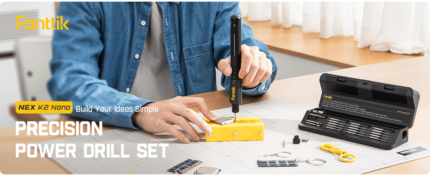 Fanttik K2 Nano 3.7V Power Drill, Mini Precision Electric Driver, 20 Drill Bits, 800mAh Rechargeable, Tool Kit for DIY Projects Shell, Plastic, Resin Keychain, PCB, Aluminum Plate