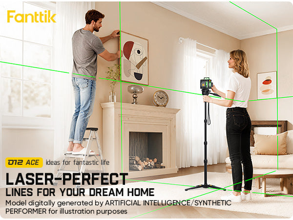 Fanttik D12 Ace laser level. Shows manual and self-leveling modes projecting green lines. Ideal for room and kitchen projects.